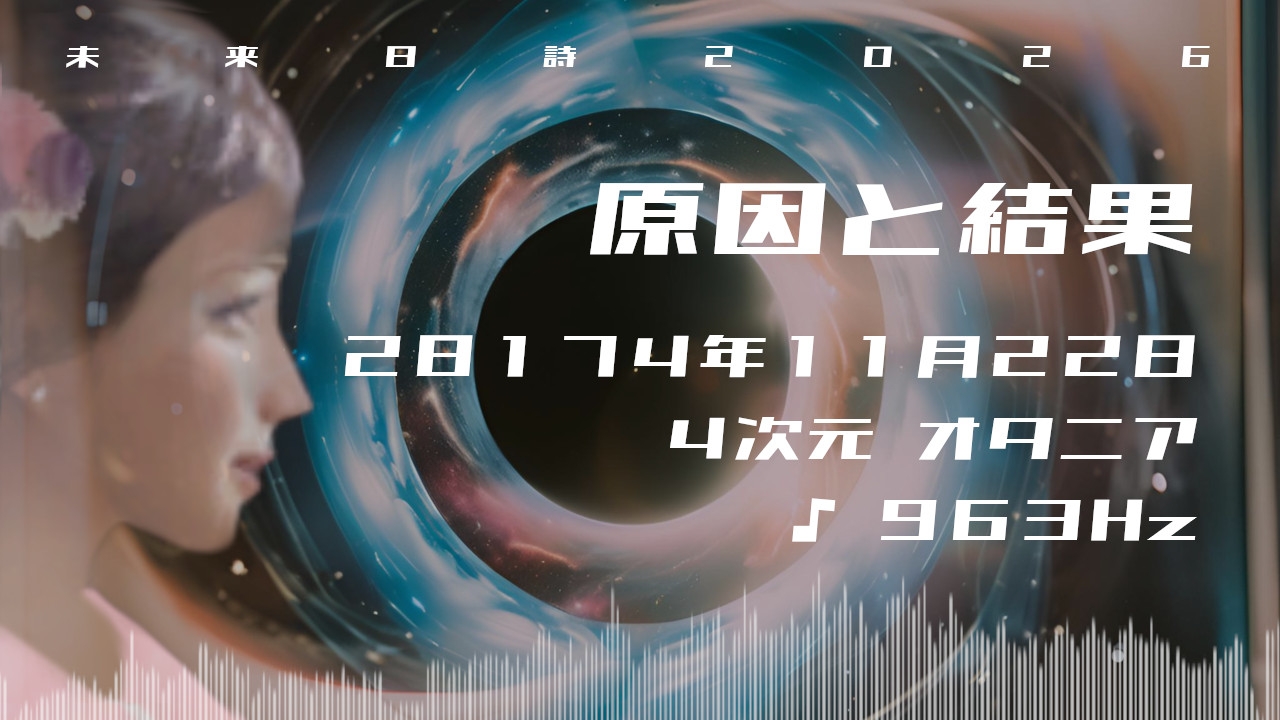 原因と結果. . .２８１７４年１１月２２日頃✧４次元オタニアにて✧963Hz✧ソルフェジオ周波数✧第7チャクラ・自己超越・高次元の波動✧未来日詩2026年✧